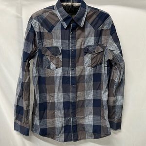 Woven Button Down Snap Blue Gray Plaid Men’s Casual Long Sleeve Shirt